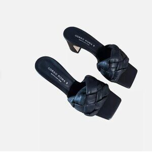 Corso Roma Women's Black Braided Square Toe out Heels Sandals Size 41
